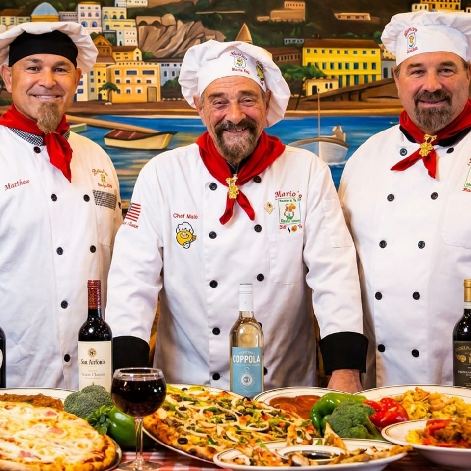Three smiling chefs in white uniforms and red scarves stand behind a table of Italian food and wine.