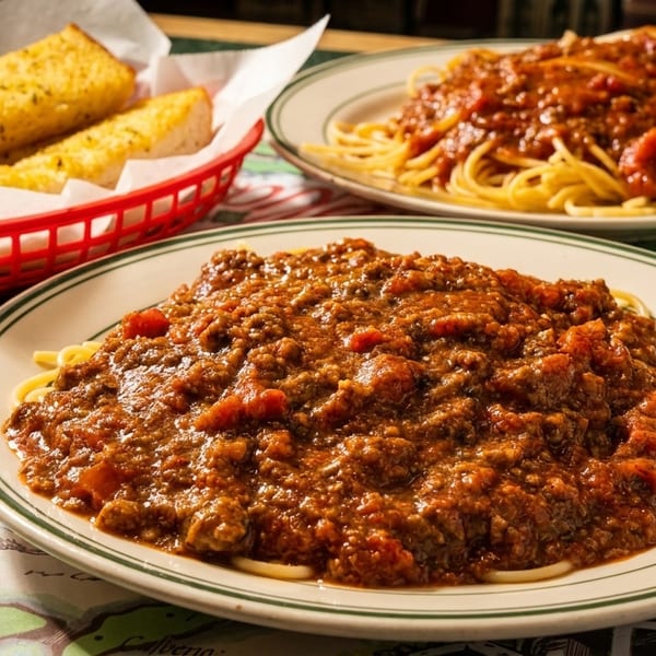 Two plates of spaghetti with meat sauce and a basket of garlic breadsticks on a map placemat.
