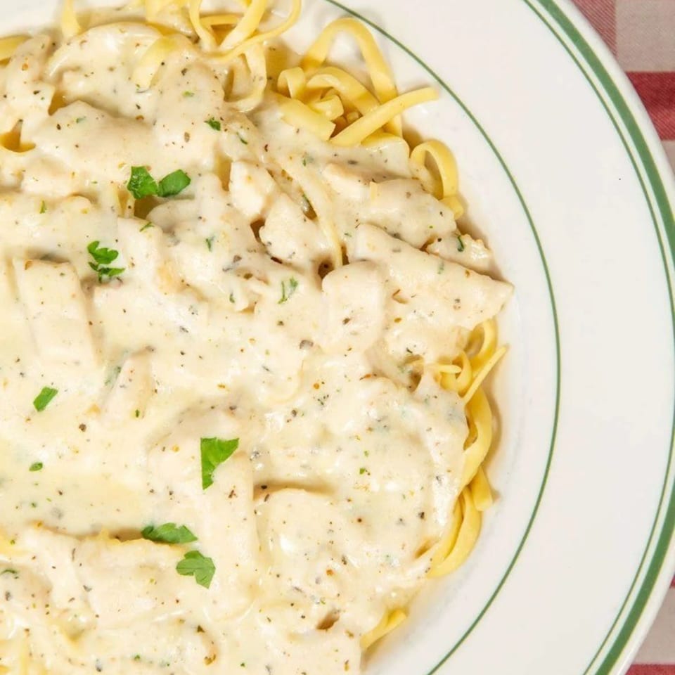 Creamy chicken alfredo pasta with parsley flakes in a white bowl with a green rim.