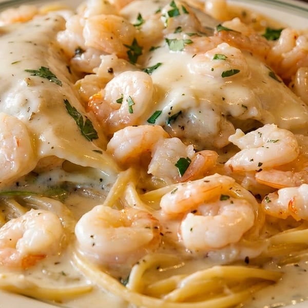 Creamy shrimp scampi pasta with linguine, rich white sauce, and fresh parsley on a white plate.