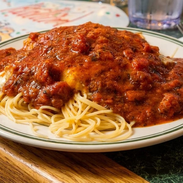 A plate of spaghetti with rich red meat sauce and melted cheese, set on a green marble table.