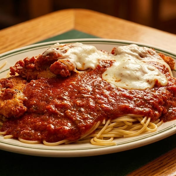 Chicken parmesan with spaghetti and red sauce, topped with melted mozzarella cheese on a white plate.