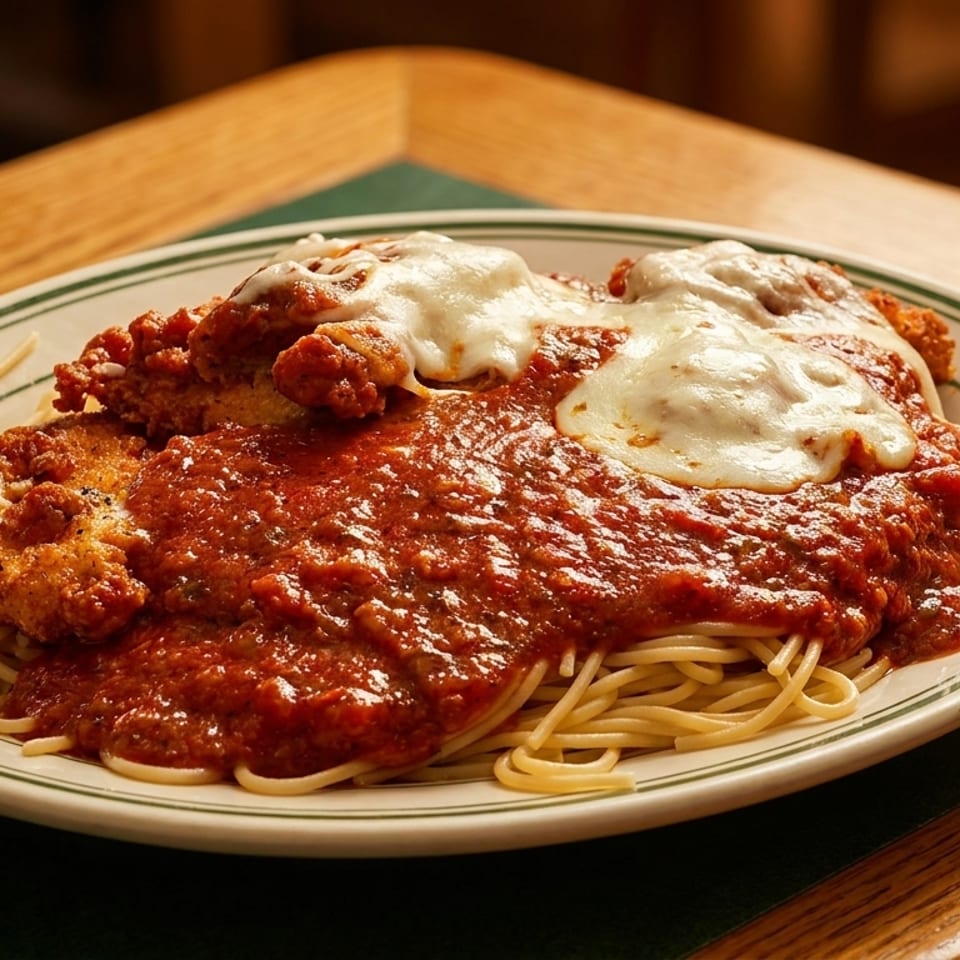 Chicken parmesan with spaghetti and red sauce, topped with melted cheese, on a white plate.