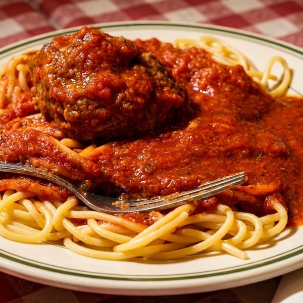 Spaghetti with a large meatball and rich red marinara sauce on a white plate with a fork.
