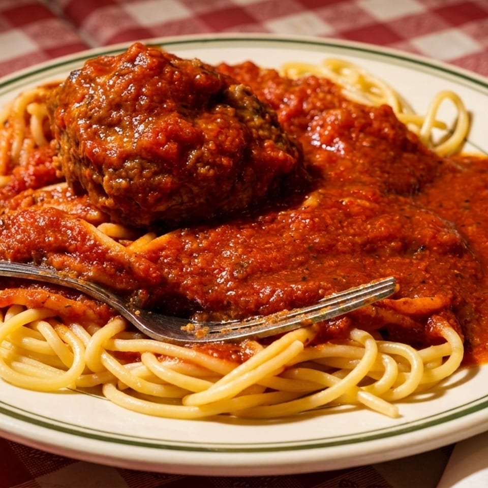 Spaghetti with a large meatball and rich red marinara sauce on a white plate with a fork.