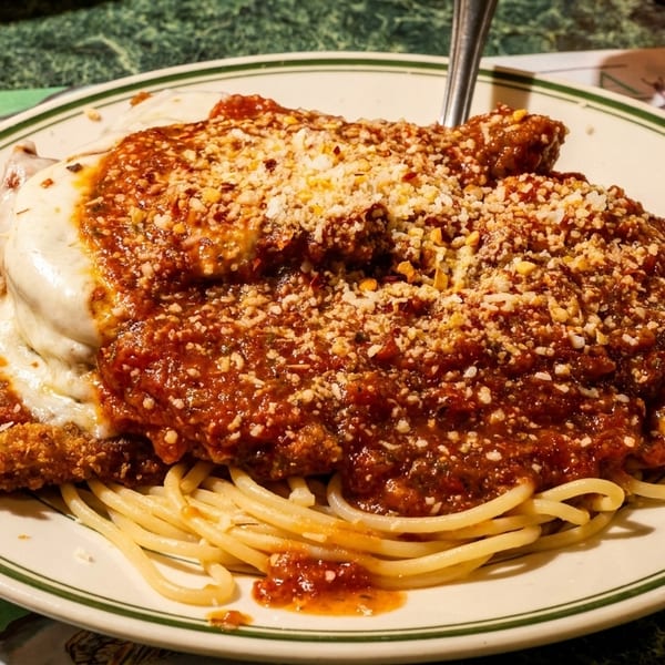 Chicken parmesan with melted cheese, marinara sauce, and grated cheese over spaghetti on a plate.