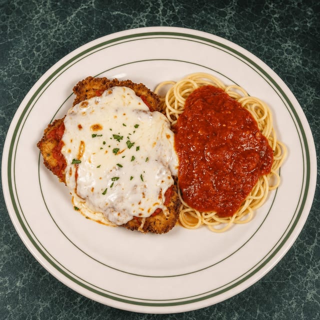 Chicken Parmigiano w. Spaghetti Marinara.
