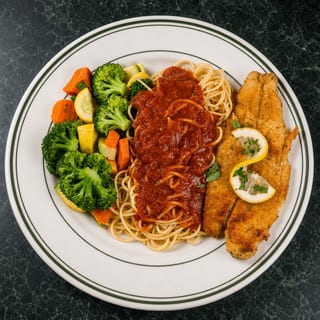 Sand Dabs w. Veggies and Pasta - Red